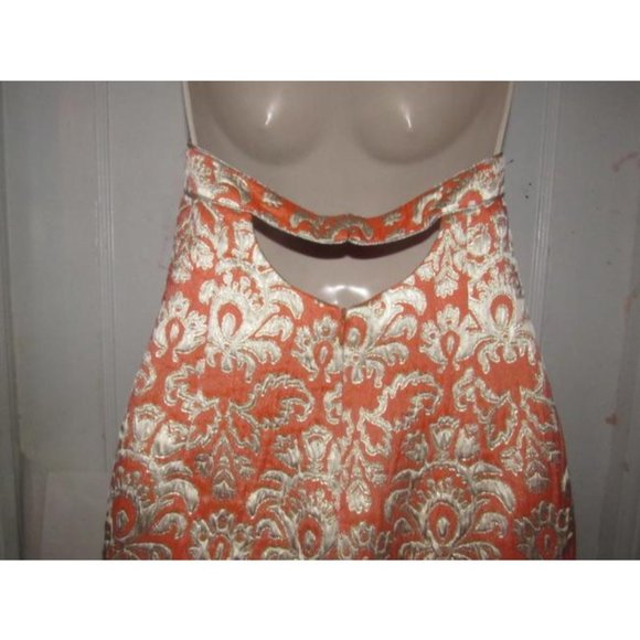 David Meister Orange With Metallic Floral Brocade Print Silk With A Halter Top - Picture 7 of 12
